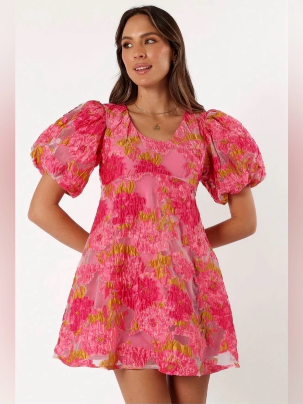 Petal + Pup Pink Floral Puff Sleeve Mini Dress